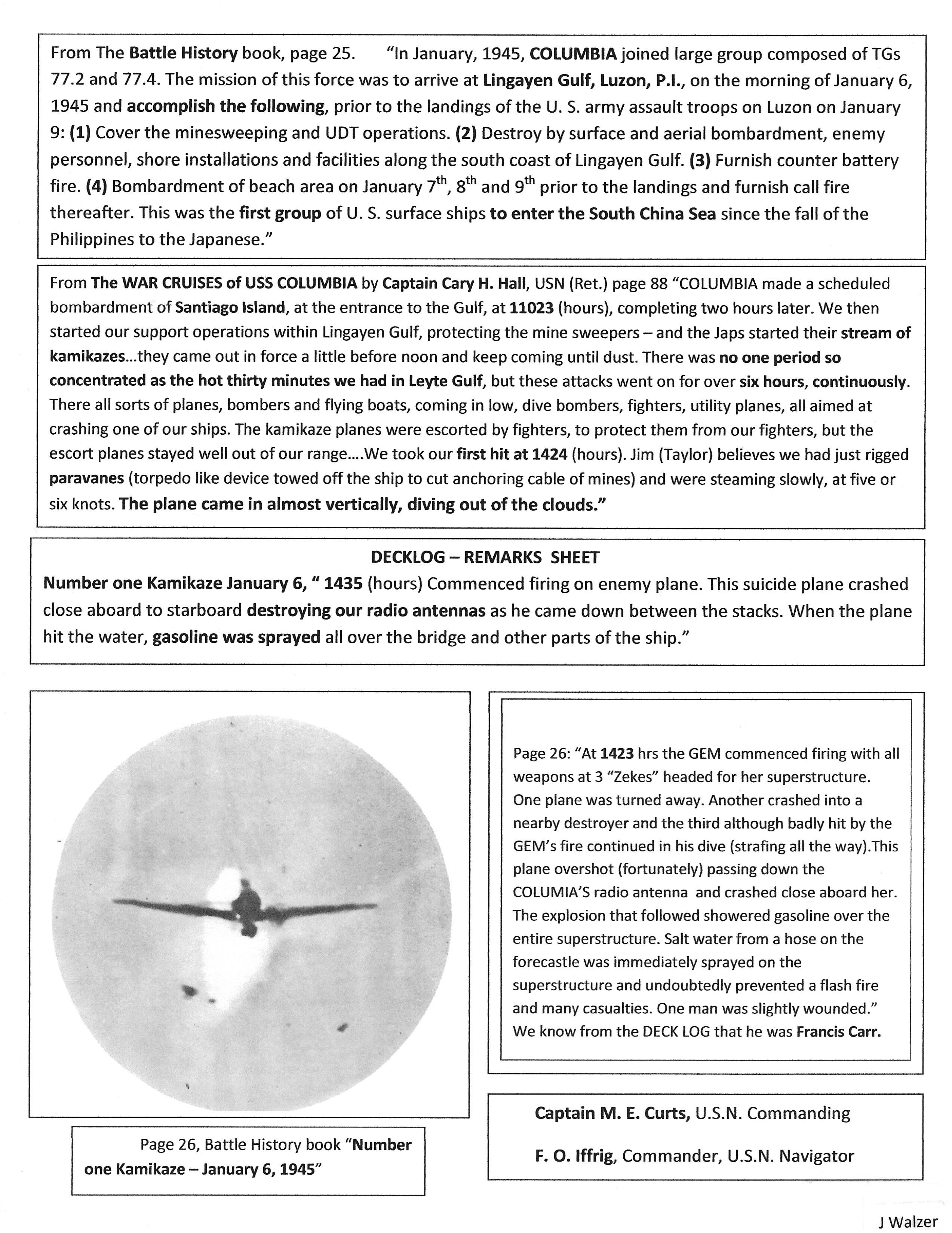 1st kamikaze hit as Columbia enters Lingayen Gulf