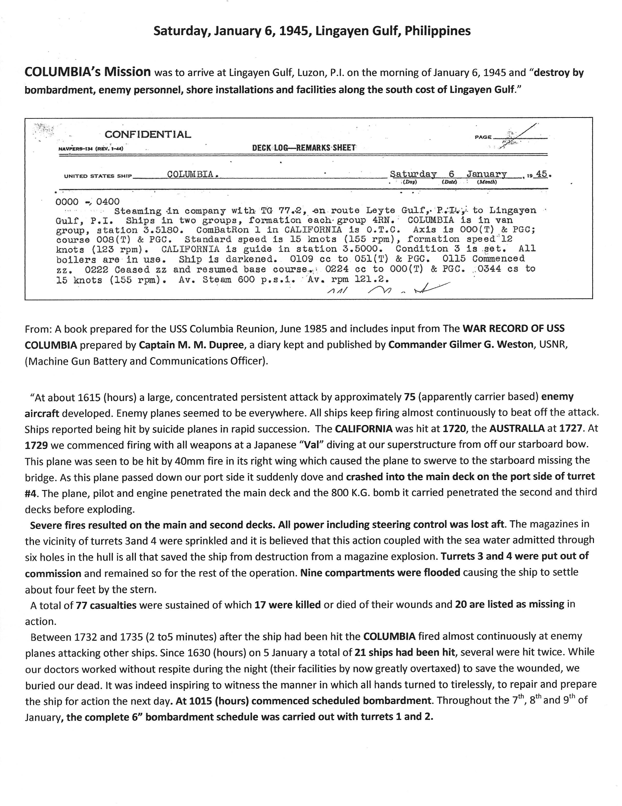 2nd kamikaze hit January 6, 1945 sheet 1of 13