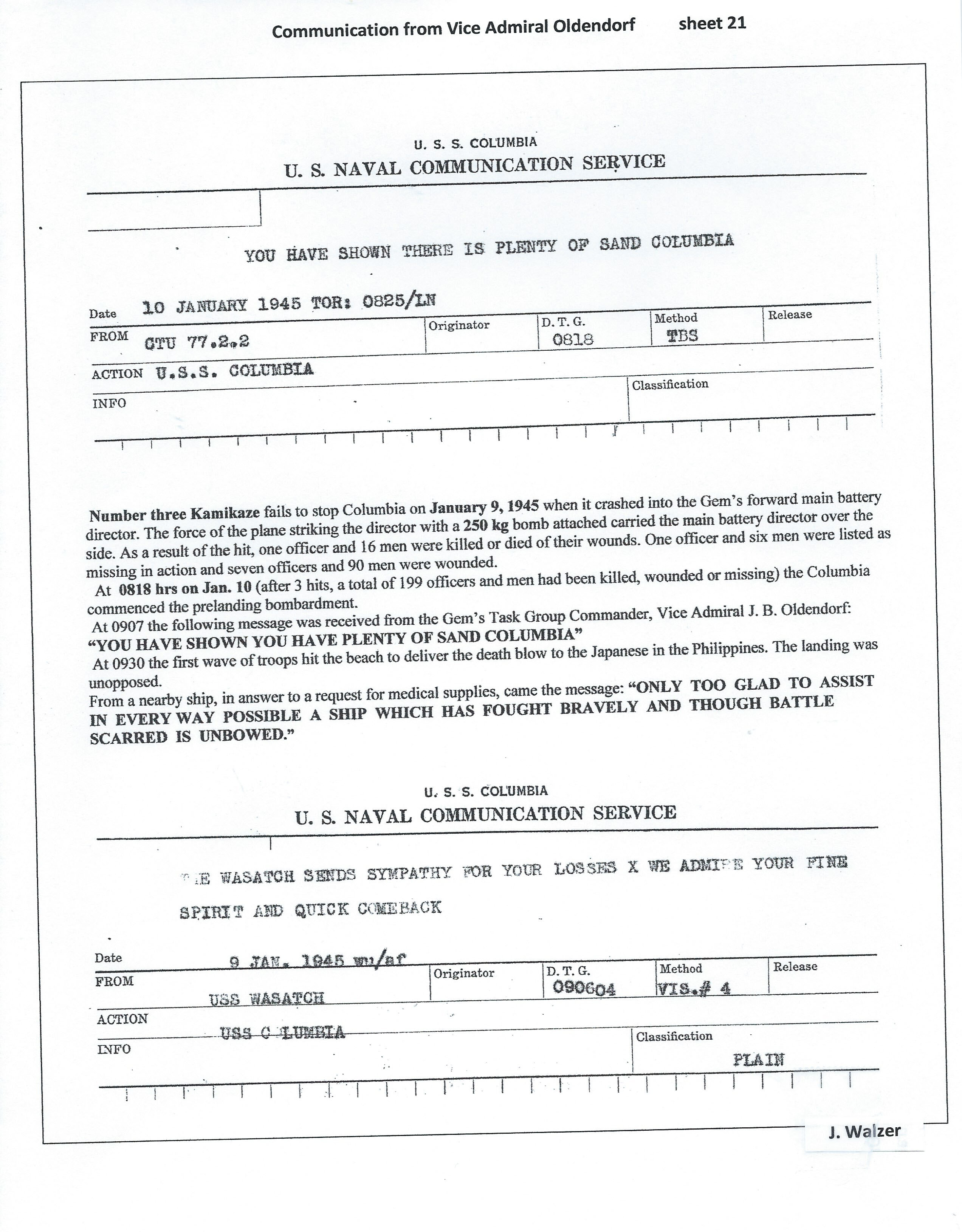 Navy communications to Columbia