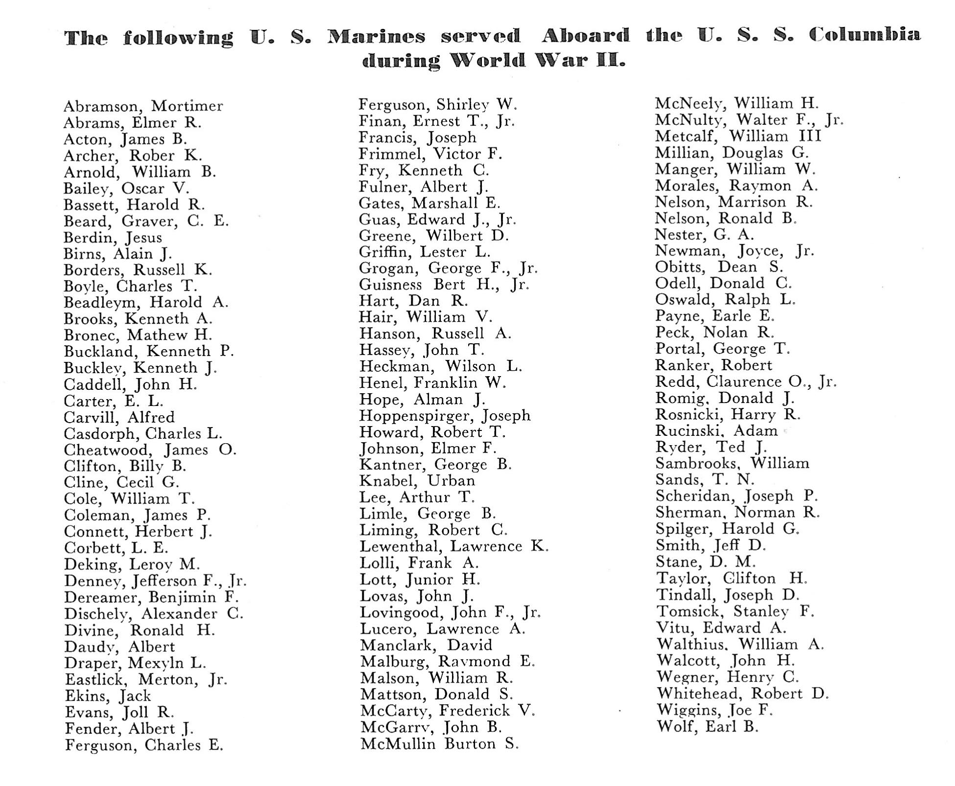 List of Marines that served aboard USS Columbia