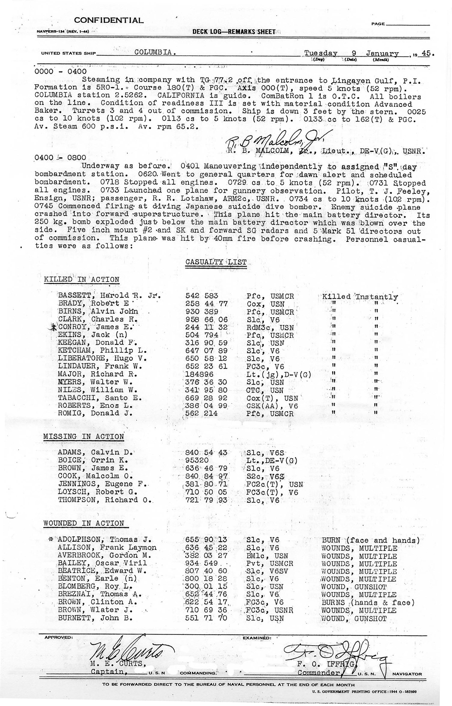 Deck Log January 9, 1945 sheet 1