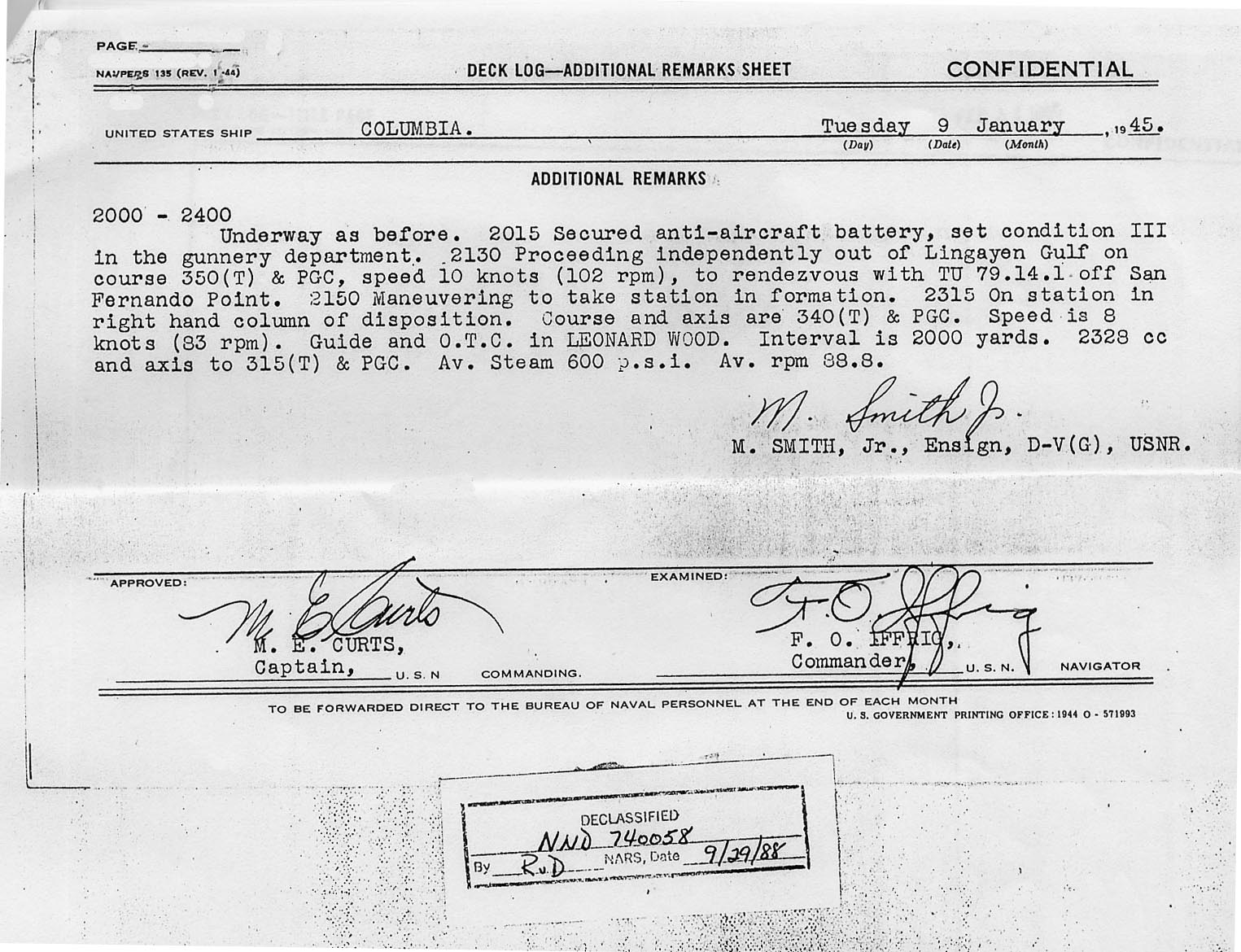 Deck Log January 9, 1945 sheet 6