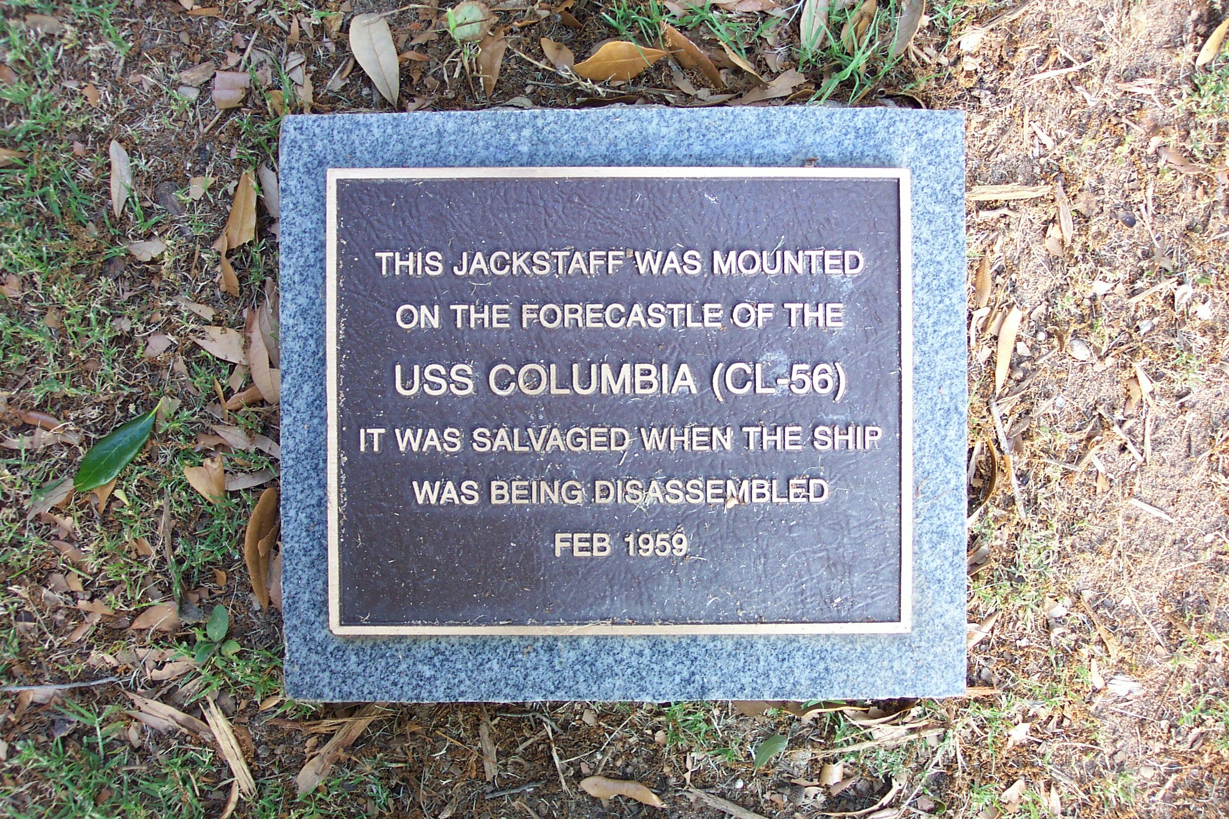 Plaque at base of jackstaff