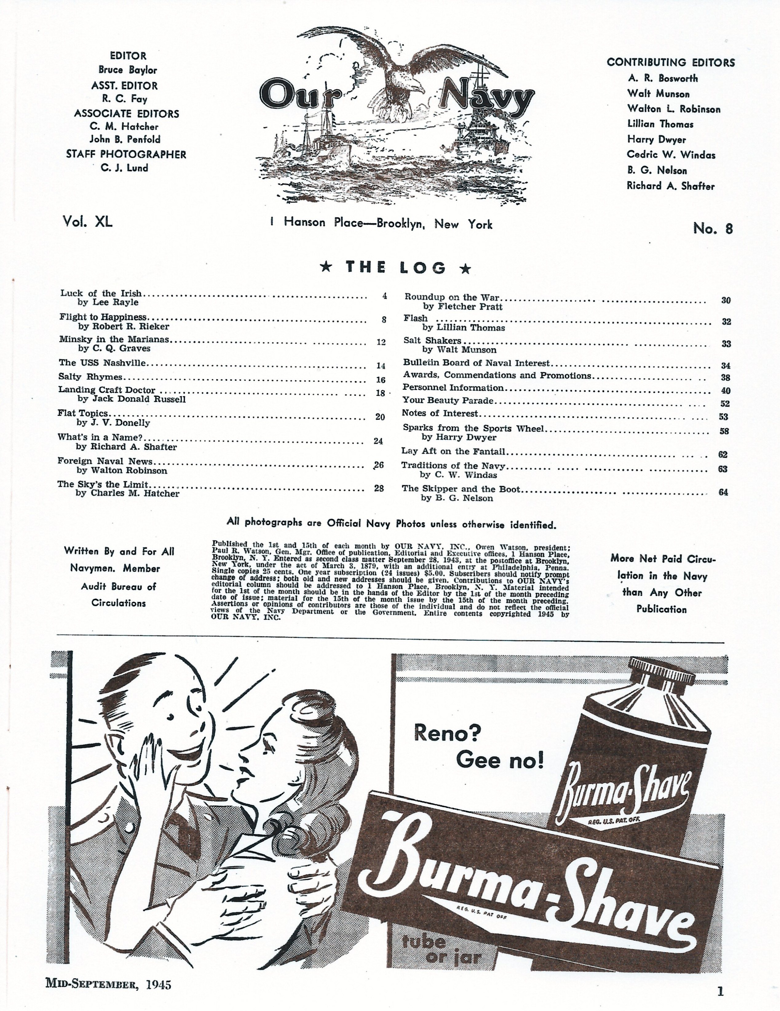 Index of Our Navy magazine mid Sept 1945